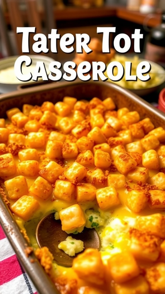 A delicious Tater Tot Casserole with crispy tater tots and melted cheese in a rustic baking dish.